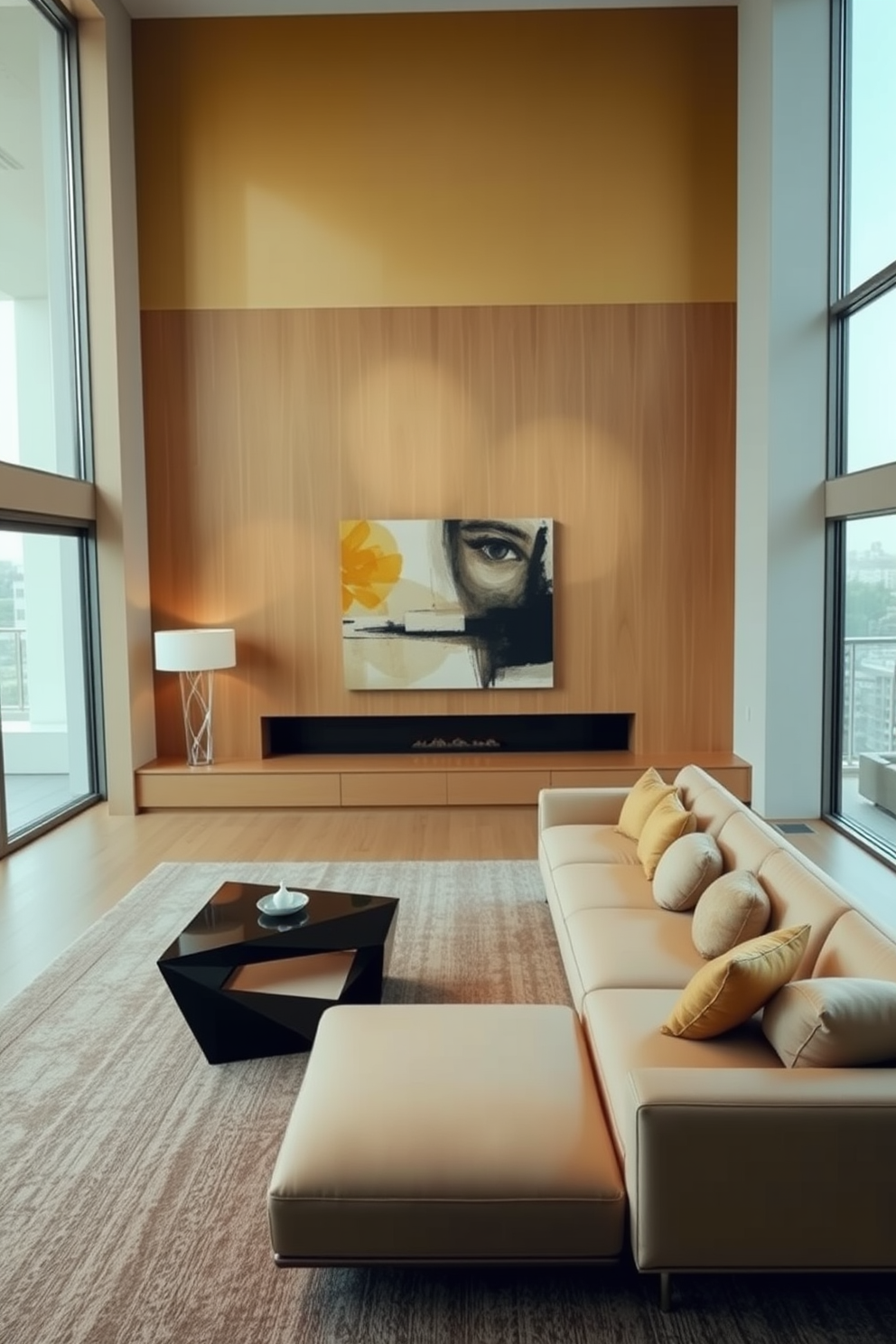 A contemporary living room features sleek lines and a minimalist aesthetic. The furniture includes a low-profile sofa in a neutral color paired with a geometric coffee table. The walls are adorned with abstract art that complements the color palette. Large windows allow natural light to flood the space, highlighting the clean, uncluttered design.