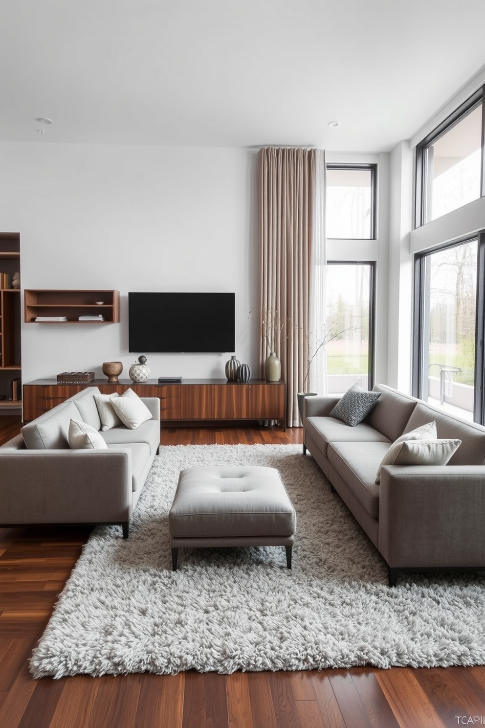 A long sofa upholstered in a soft gray fabric sits elegantly facing a stylish media console crafted from dark wood. The console features sleek lines and is adorned with decorative objects, creating a focal point in the room. Surrounding the sofa are plush area rugs that add warmth and texture to the space. Large windows allow natural light to flood in, enhancing the inviting atmosphere of this rectangle living room design.