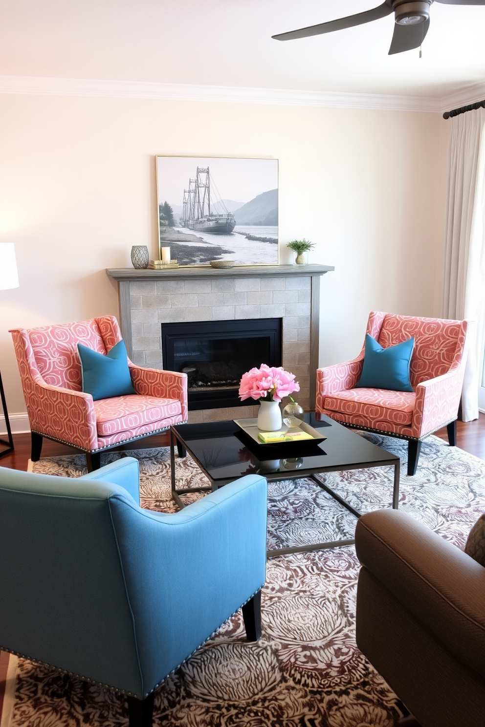 A cozy living room featuring two stylish accent chairs in a vibrant fabric, positioned to encourage conversation. The space is anchored by a rectangular coffee table with a sleek design, surrounded by a plush area rug that adds warmth and texture.