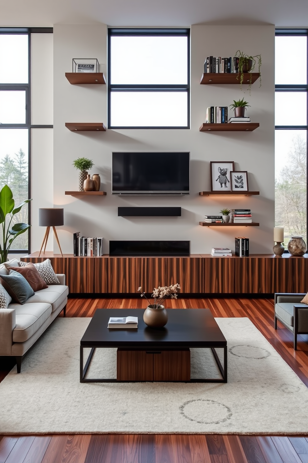 A modern living room features floating shelves elegantly mounted on the walls to provide stylish decorative storage solutions. The shelves are adorned with curated books, art pieces, and plants, creating a visually appealing focal point in the space. The rectangle living room design incorporates a spacious layout with a comfortable sectional sofa facing a sleek coffee table. Large windows allow natural light to flood the room, enhancing the warm color palette of soft neutrals and rich wood tones.