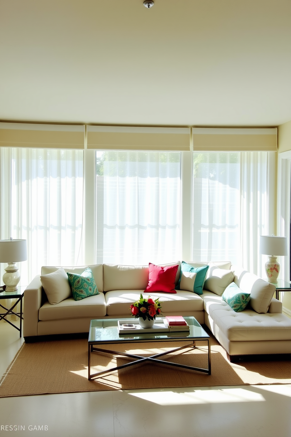 A bright and airy living room filled with natural light streaming through large windows adorned with sheer white treatments. The space features a comfortable sectional sofa in soft neutral tones, paired with a stylish coffee table and vibrant accent pillows.