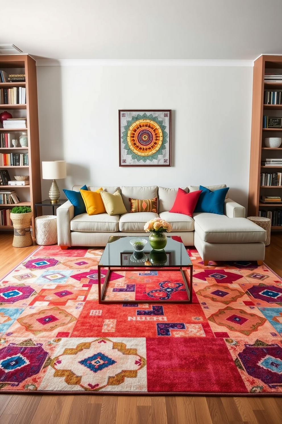 A bold area rug anchors the living room, featuring vibrant colors and geometric patterns that draw the eye. Surrounding the rug, a cozy sectional sofa in neutral tones invites relaxation, complemented by colorful throw pillows that add a pop of personality. The coffee table at the center is a stylish glass piece, reflecting light and enhancing the open feel of the space. Flanking the sofa, tall bookshelves filled with curated decor and books create an inviting atmosphere, while a statement art piece adorns the wall, adding character to the room.