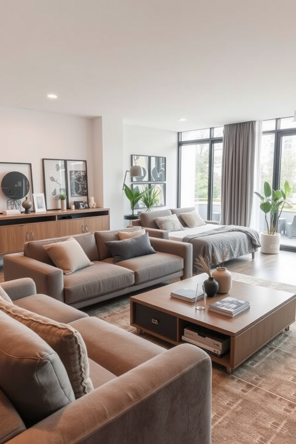 A stylish living room featuring multi-functional furniture that maximizes space and comfort. The room includes a sleek sofa that converts into a bed and a coffee table with hidden storage compartments. The color palette consists of soft grays and warm earth tones, creating a cozy atmosphere. Large windows allow natural light to flood the space, highlighting the modern decor and carefully chosen accessories.