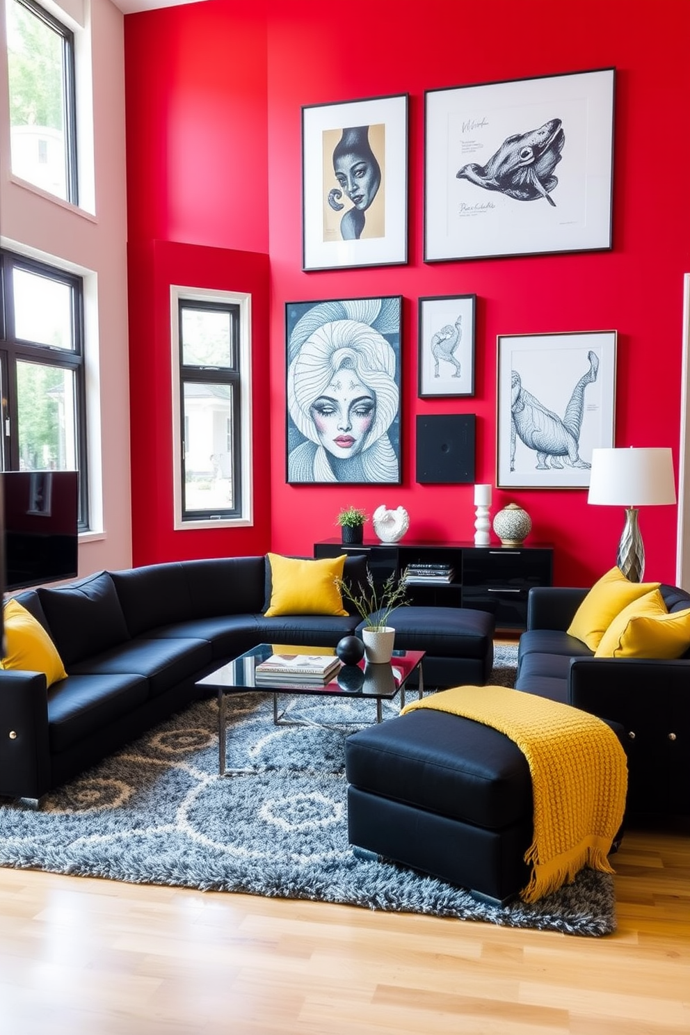 A bold red accent wall serves as the focal point of a contemporary living room filled with natural light. The space features a sleek black sofa paired with vibrant yellow cushions, creating a striking contrast against the red backdrop. Incorporate modern art pieces that complement the color scheme, adding personality to the room. A stylish coffee table sits at the center, surrounded by a plush area rug that ties the design together.