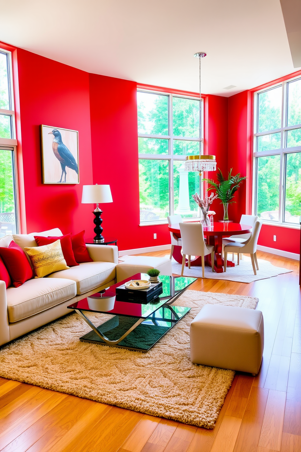 A modern apartment living room featuring red vases filled with fresh flowers. The space is designed with a minimalist aesthetic, incorporating sleek furniture and vibrant accents. The walls are painted in a soft neutral tone to complement the bold red vases. Large windows allow natural light to flood the room, enhancing the overall ambiance.