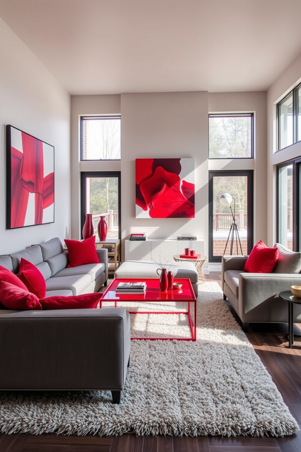 A modern living room featuring red accent furniture that adds a bold pop of color. The space is designed with a sleek gray sofa, complemented by red throw pillows and a stylish red coffee table. The walls are adorned with contemporary artwork that incorporates shades of red. A plush area rug in neutral tones anchors the room, while large windows allow natural light to flood in, enhancing the vibrant accents.