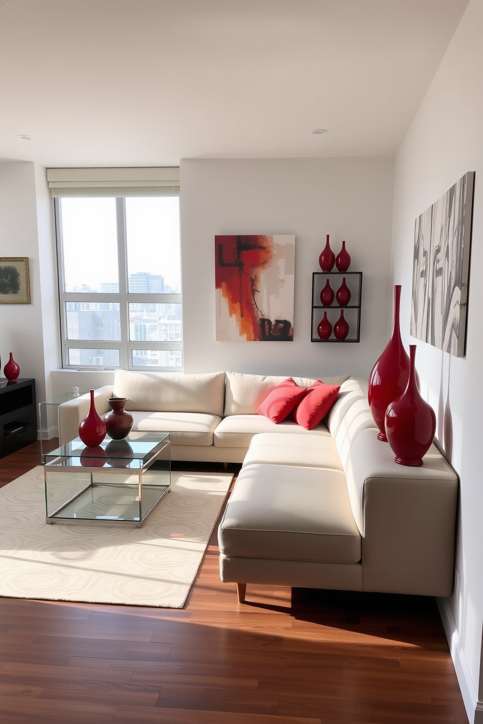 A modern apartment living room featuring a sleek sectional sofa in a neutral tone paired with a glass coffee table. The walls are adorned with abstract art, and a large window allows natural light to flood the space. Incorporate red decorative vases on the coffee table and shelves for a pop of color and elegance. The flooring is a rich hardwood, complementing the overall contemporary design aesthetic.