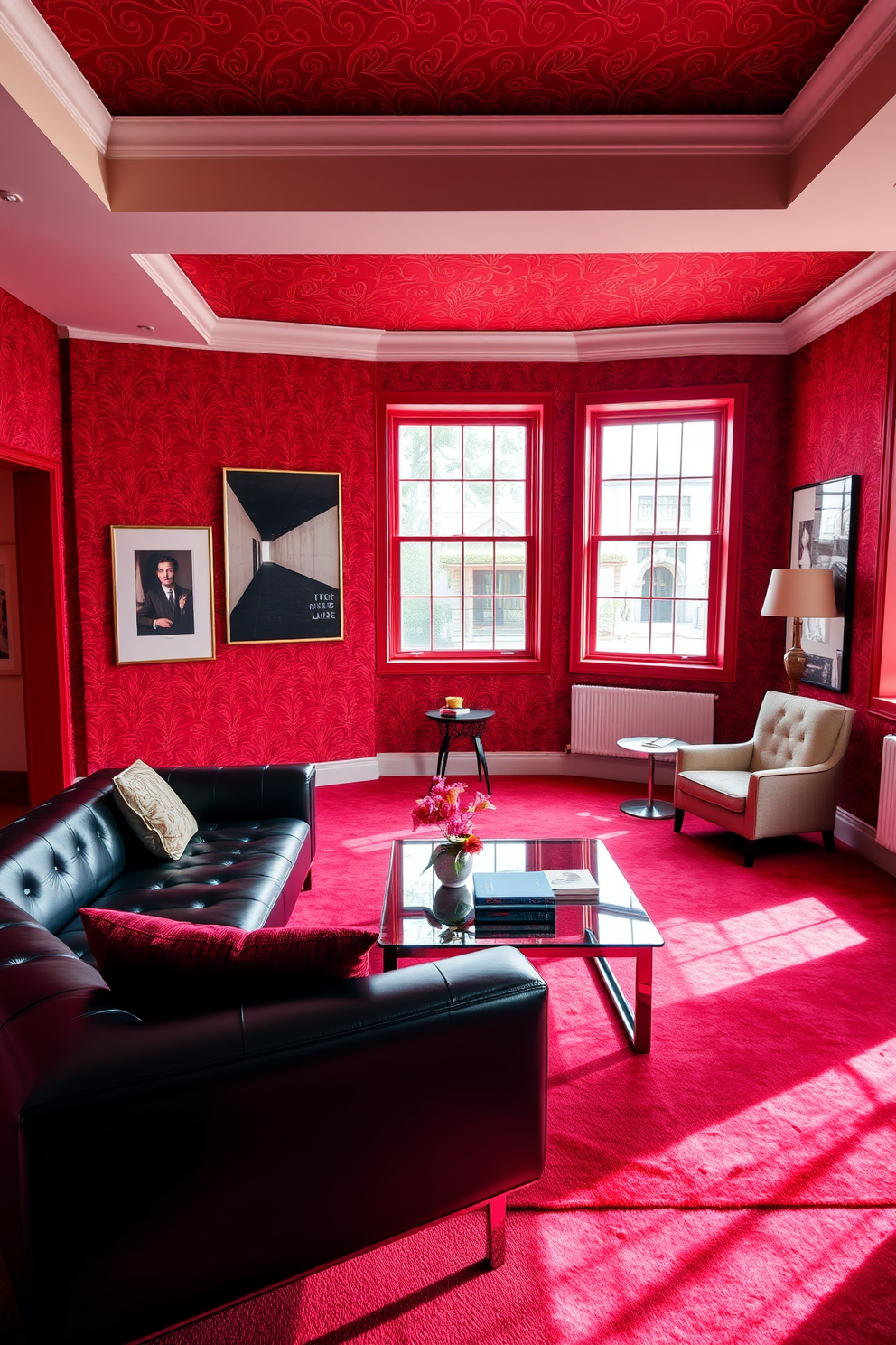 A striking living room adorned with bold red wallpaper that creates a dramatic atmosphere. The space features a sleek black leather sofa paired with a glass coffee table at the center, surrounded by contemporary art pieces on the walls. A cozy reading nook is set up in one corner with a plush armchair and a small side table. Large windows allow natural light to flood the room, enhancing the vibrant red tones throughout the apartment.