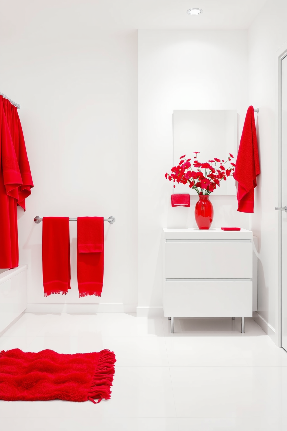 A modern bathroom featuring sleek fixtures and vibrant red accessories. The walls are painted a soft white, while red towels and a matching shower curtain add a bold pop of color. The vanity is minimalist with a glossy finish, complemented by a red decorative vase filled with fresh flowers. A stylish red rug lies on the floor, harmonizing with the overall contemporary aesthetic.