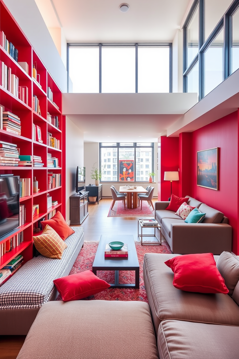 A vibrant red bookshelf stretches across the wall, filled with an eclectic mix of books and decorative items. The playful design invites creativity, with colorful accents and cozy seating arranged below. In the adjoining space, the apartment features bold red accents throughout, including cushions and artwork that complement the lively atmosphere. Large windows allow natural light to flood in, enhancing the cheerful ambiance of the room.