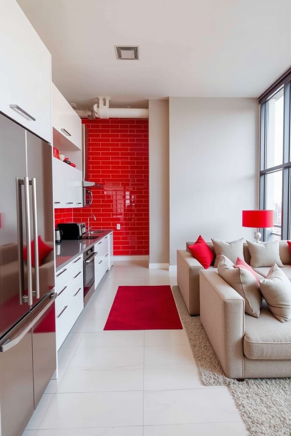 A vibrant apartment featuring a striking red tile backsplash that adds a bold touch to the kitchen. The cabinetry is sleek and modern, complemented by stainless steel appliances and a bright, airy atmosphere. The living area boasts a cozy seating arrangement with plush sofas in neutral tones. Large windows allow natural light to flood the space, highlighting the rich red accents throughout the decor.