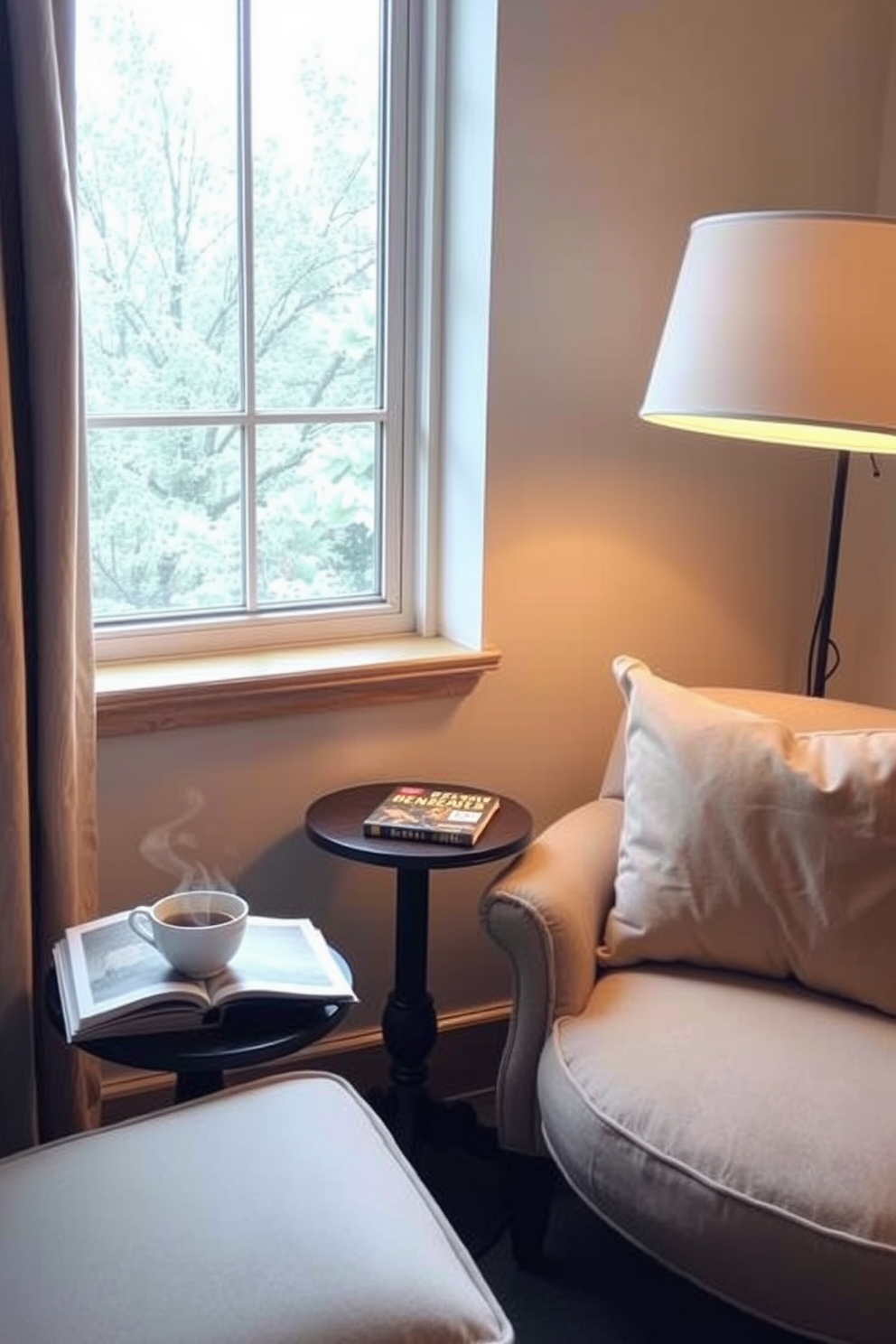 Create a cozy reading nook with a plush armchair upholstered in soft fabric. A small side table holds a steaming cup of tea and a stack of books, while a floor lamp casts a warm glow over the space.