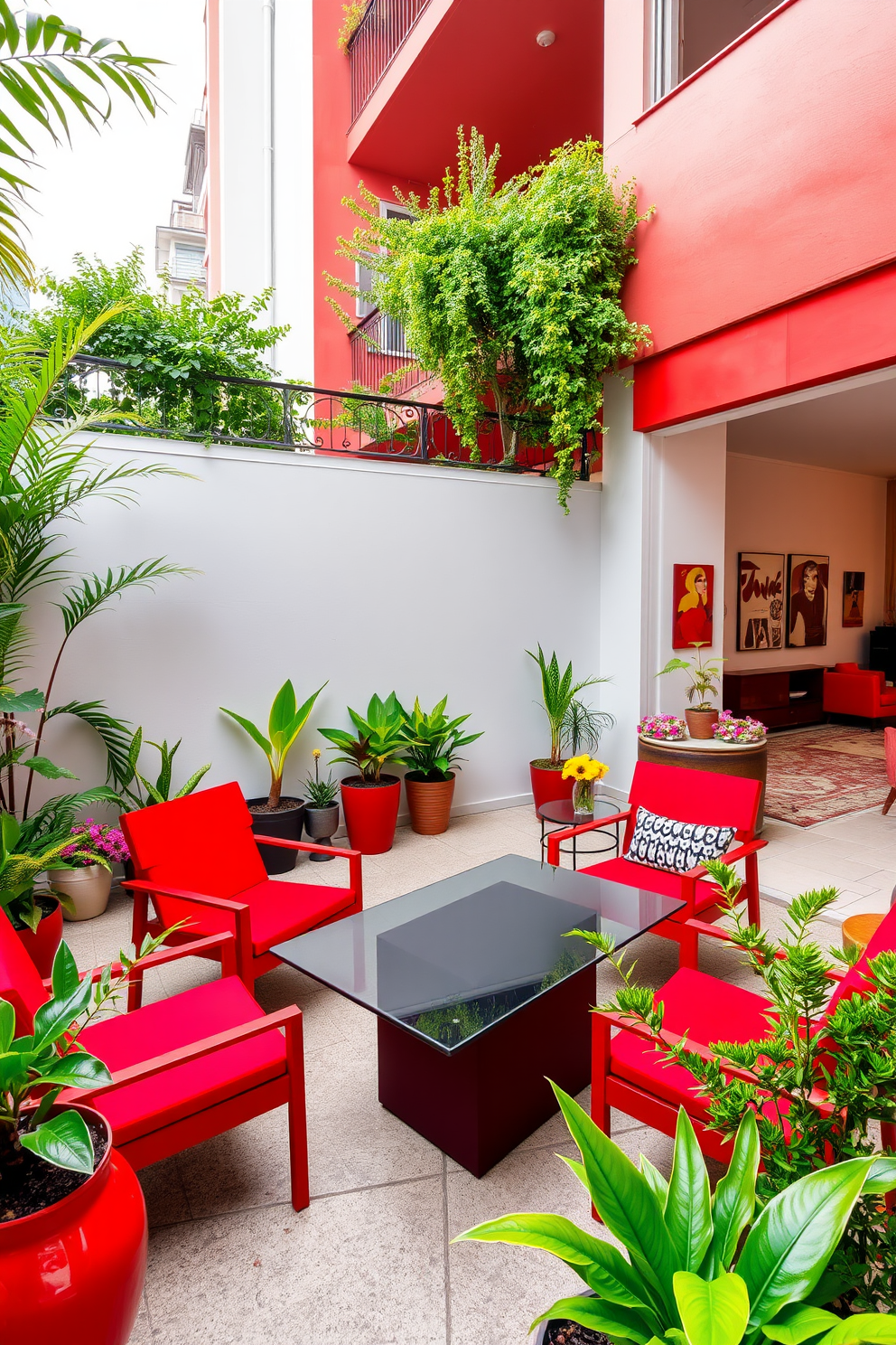 A striking red coffee table serves as the centerpiece of the living room, surrounded by a plush gray sectional sofa and a pair of modern armchairs. The walls are painted in a soft white, allowing the vibrant color of the table to pop against the neutral backdrop. The apartment features an open floor plan, with large windows that let in ample natural light. Decorative elements such as abstract art and greenery complement the contemporary design, creating a harmonious and inviting space.