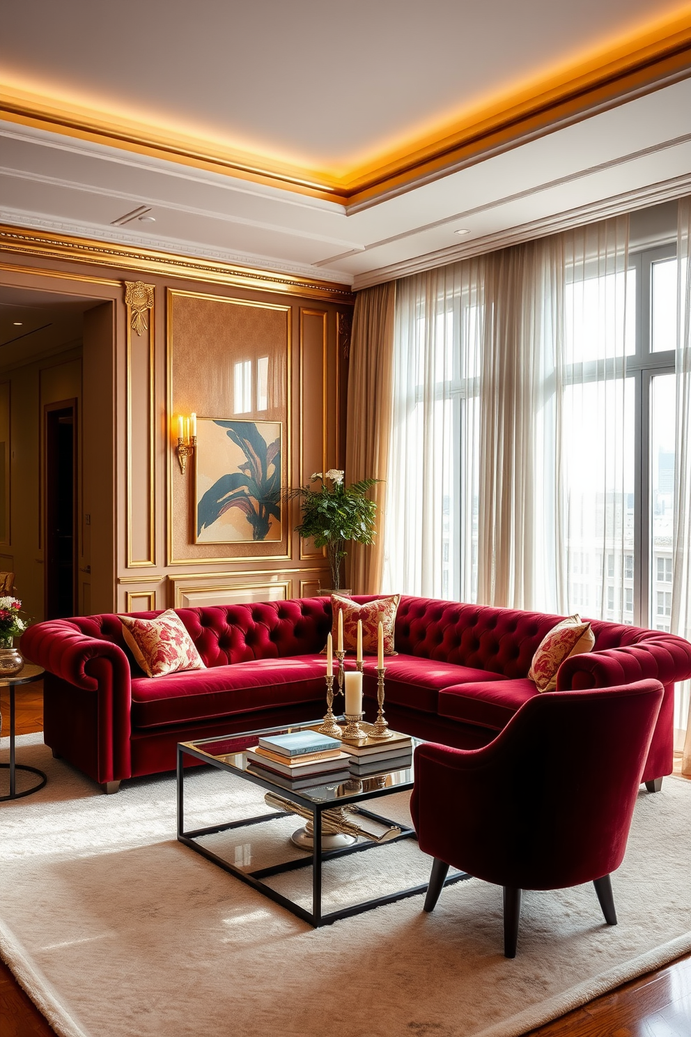 A luxurious living room featuring a plush red velvet sofa that exudes comfort and elegance. The walls are adorned with rich gold accents and the floor is covered with a soft cream area rug, creating a warm and inviting atmosphere. In the corner, a stylish coffee table complements the sofa, topped with decorative books and a chic candle arrangement. Large windows draped with flowing sheer curtains allow natural light to flood the space, enhancing the opulent feel of the apartment design.