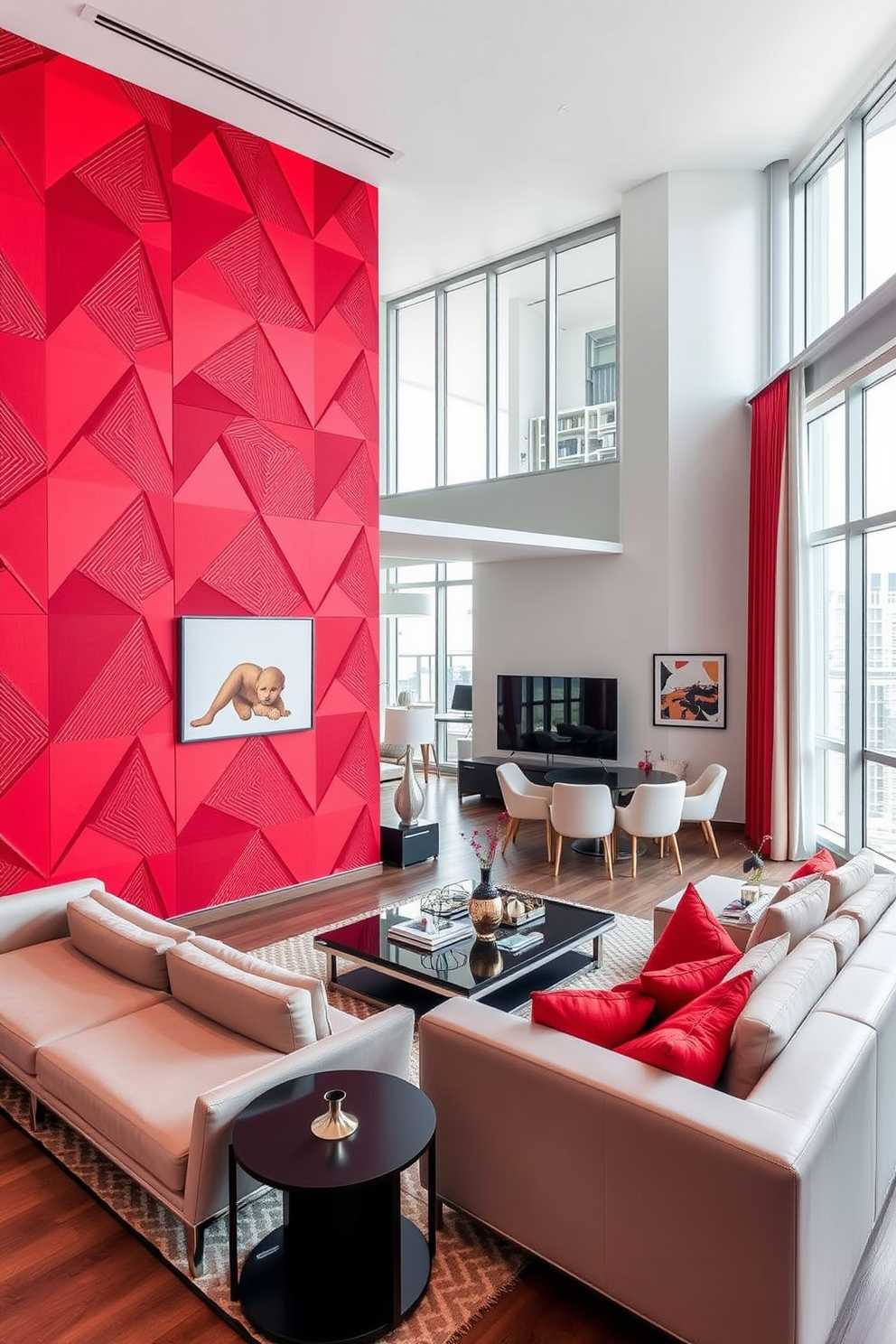 A stylish apartment living room featuring bold red decorative trays and bowls scattered throughout the space. The walls are painted in a soft cream color, creating a warm and inviting atmosphere while the furniture includes a plush gray sofa and a sleek glass coffee table. In the dining area, a modern wooden table is complemented by red accent chairs that add a pop of color. The centerpiece is a striking red bowl filled with fresh fruit, enhancing the overall vibrancy of the room.