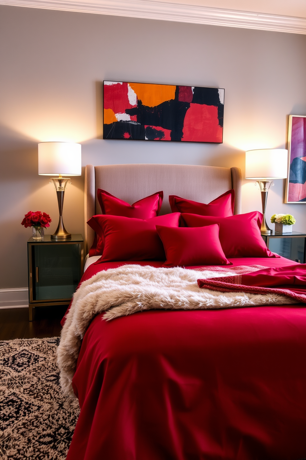 A bold bedroom featuring rich red bedding that creates a dramatic focal point. The walls are painted in a soft gray to balance the intensity of the red, with elegant bedside lamps providing warm lighting. The room includes a modern upholstered headboard in a complementary shade, enhancing the overall design. A plush area rug in neutral tones anchors the space, while abstract art in vibrant colors adorns the walls.