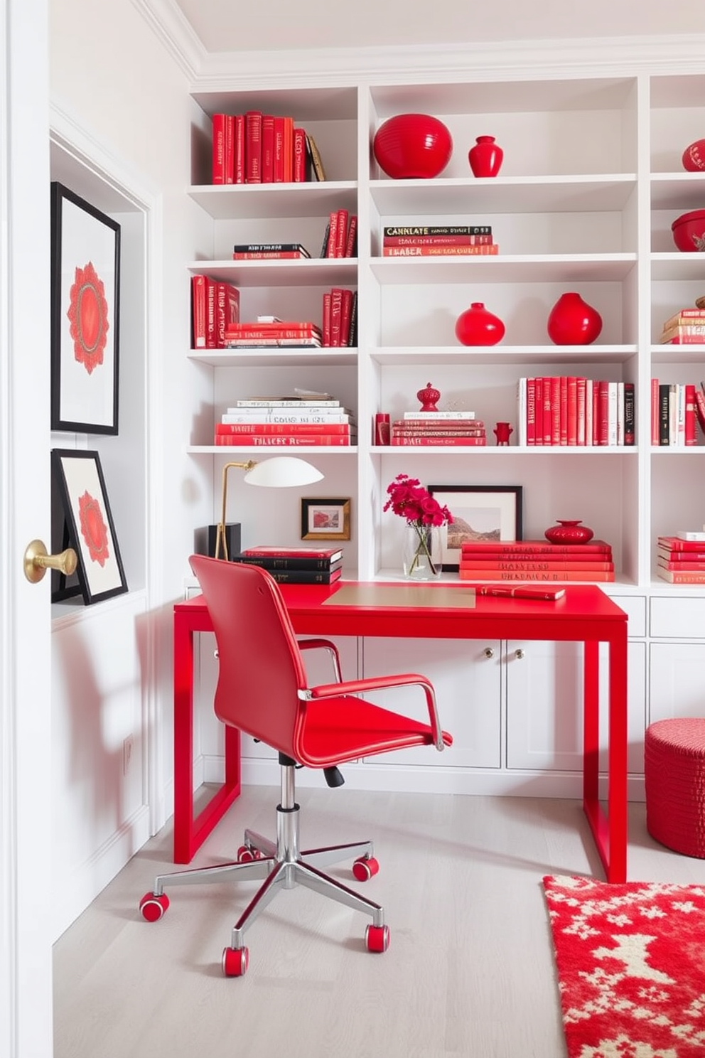 A vibrant home office with red accents throughout the decor. The walls are painted a soft white while a bold red desk with sleek lines takes center stage. A stylish red office chair complements the desk, providing both comfort and flair. Shelves adorned with books and decorative items in varying shades of red create a cohesive and inviting space.