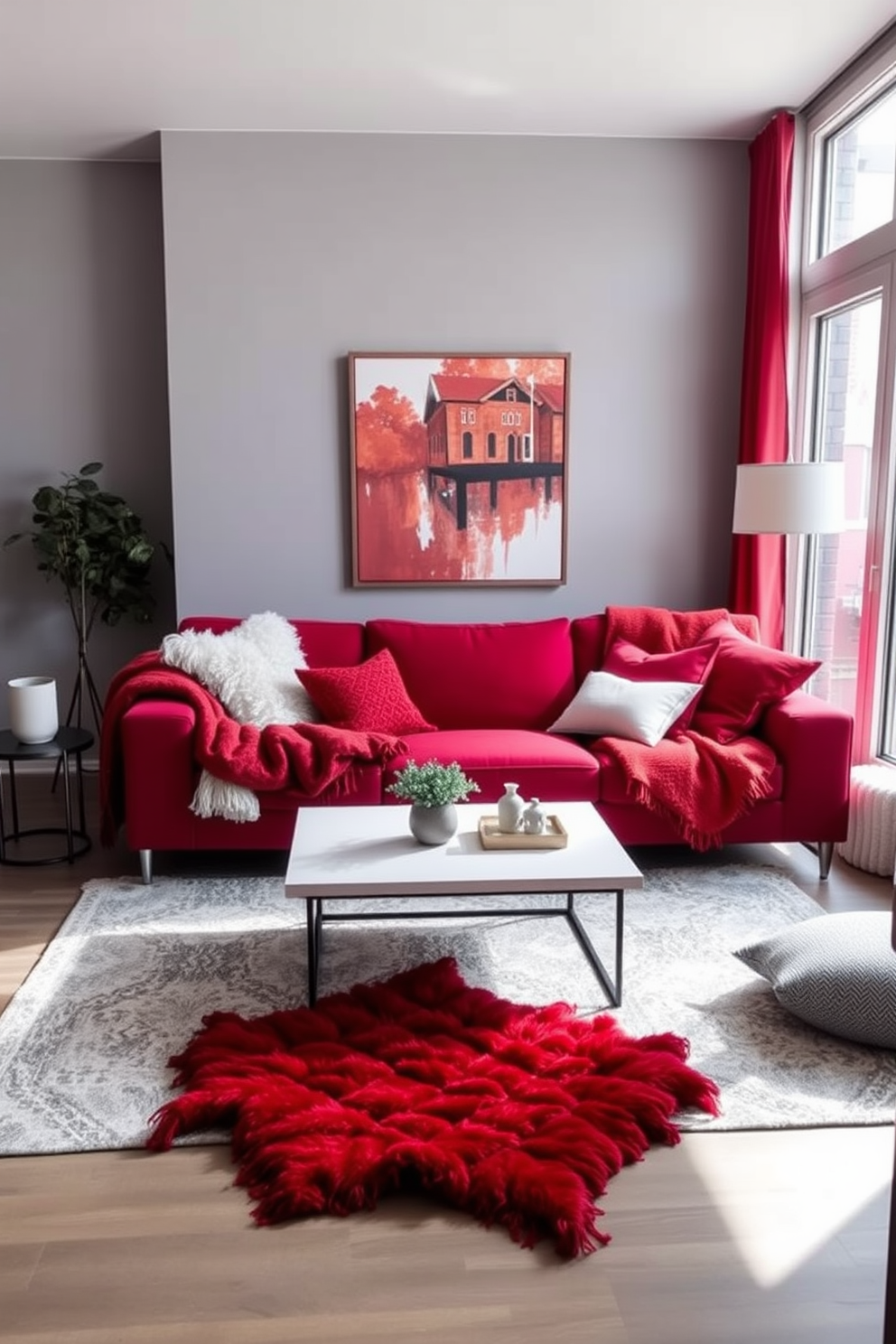 A stylish apartment featuring bold red accents throughout the decor. The living room showcases a vibrant red sofa paired with neutral-toned cushions and a sleek glass coffee table. In the dining area, a red accent wall complements a modern wooden dining table surrounded by white chairs. Seasonal decor updates include red throw pillows and festive red centerpieces on the table.