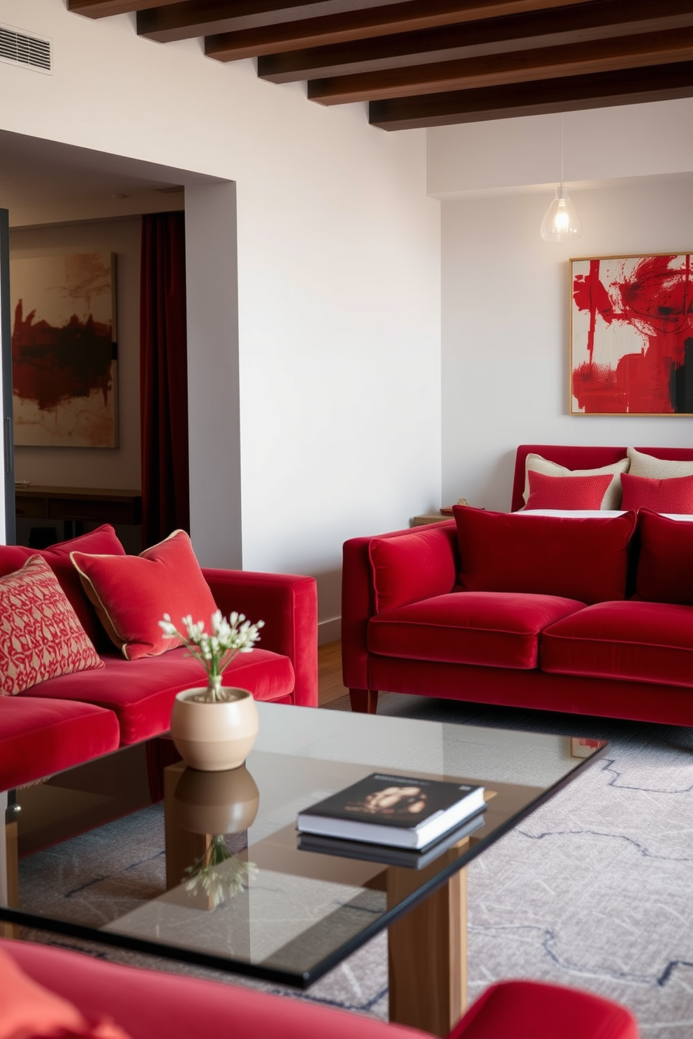 A modern apartment featuring rich red fabrics and materials throughout the space. The living room showcases a plush red velvet sofa paired with a sleek glass coffee table and wooden accents. In the bedroom, a striking red upholstered bed frame is complemented by soft linen bedding and textured throw pillows. The walls are adorned with abstract art that incorporates shades of red, creating a cohesive and inviting atmosphere.