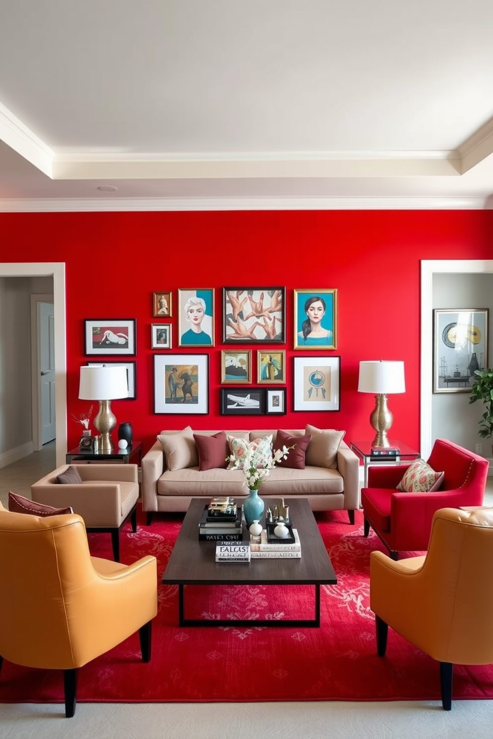 A striking red accent wall serves as the focal point of the room, adorned with a collection of vibrant artwork that adds personality and flair. The rest of the walls are painted in a soft neutral tone to balance the boldness of the red, creating a harmonious atmosphere. The living space features a modern sofa in a complementary color, paired with stylish accent chairs that invite conversation. A sleek coffee table sits at the center, surrounded by decorative elements that enhance the overall aesthetic of the red apartment design.