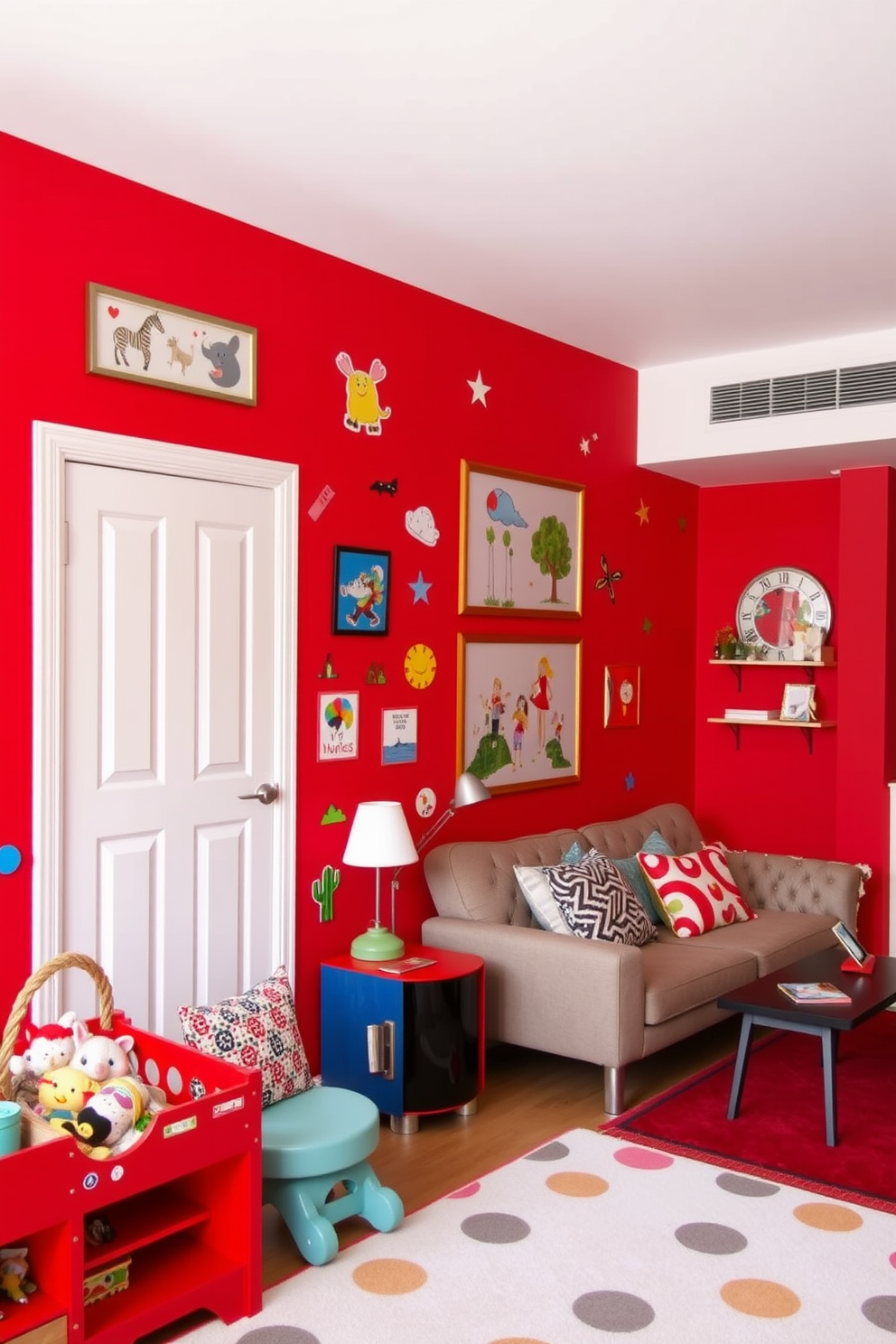 A vibrant children's playroom filled with playful energy. The walls are painted a bright red, adorned with colorful artwork and playful decals. A cozy red apartment featuring modern furnishings. The living area showcases a red accent wall with a stylish sofa and playful cushions.