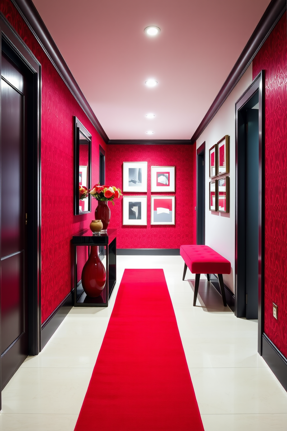 In a stylish hallway, bold red accents create a striking atmosphere. The walls are adorned with a rich red wallpaper, complemented by sleek black trim and a modern console table. A vibrant red runner rug stretches along the floor, leading to a gallery wall featuring framed art in contrasting colors. Decorative elements like a red vase with fresh flowers and a chic red bench invite warmth and sophistication.