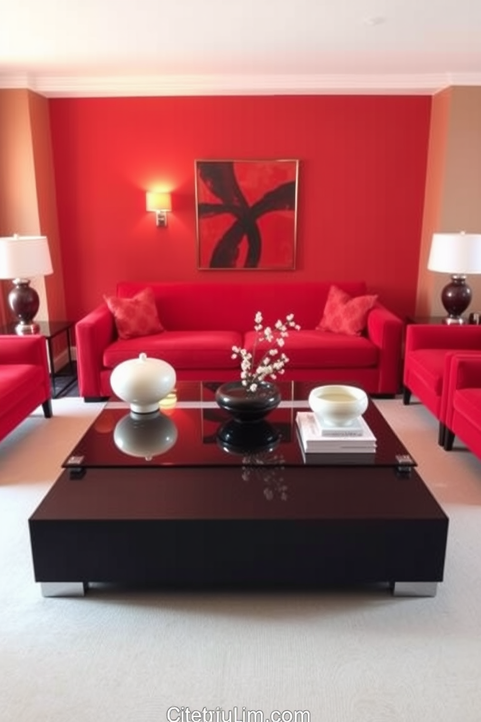 Create a focal point with striking red furniture that adds vibrancy to the space. The room features a plush red sofa paired with a sleek glass coffee table, surrounded by minimalist decor. Incorporate warm lighting to enhance the rich tones of the red elements. The walls are painted in a soft beige to create a balanced backdrop for the bold furniture choices.