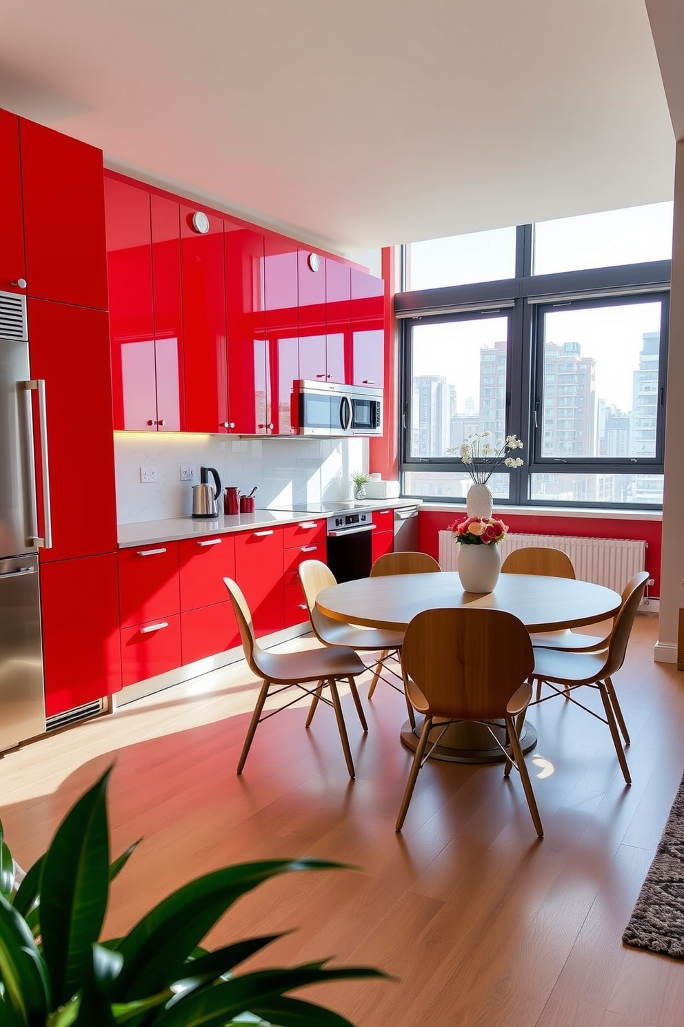 Bright red kitchen cabinets create a striking focal point in a modern apartment. The sleek design is complemented by stainless steel appliances and a white marble backsplash that enhances the vibrant color. The open layout features a cozy dining area with a round wooden table and stylish chairs. Large windows allow natural light to flood the space, highlighting the bold cabinetry and creating an inviting atmosphere.