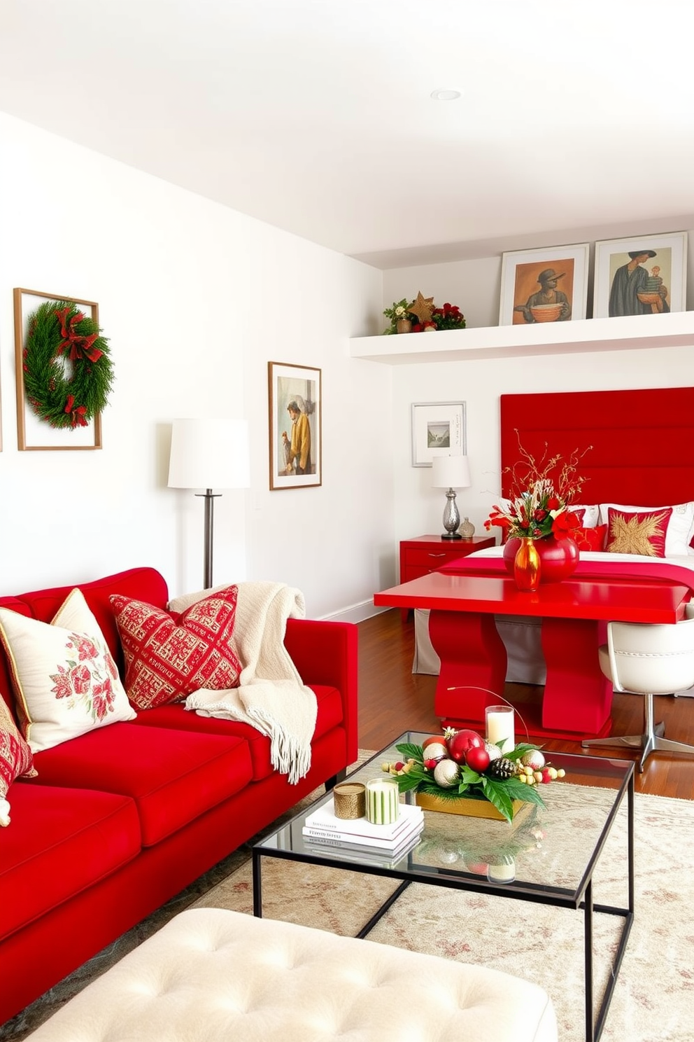 A vibrant red apartment filled with seasonal decor changes. The living room features a plush red sofa accented with seasonal throw pillows and a cozy blanket draped over the armrest. The walls are painted in a soft white, creating a striking contrast with the red accents. A stylish coffee table sits in front of the sofa, adorned with seasonal decorations like candles and festive ornaments. In the dining area, a sleek red dining table is surrounded by modern white chairs. A centerpiece of seasonal flowers in a red vase adds a touch of warmth and color to the space. The bedroom showcases a bold red accent wall behind the bed, complemented by soft white bedding. Decorative red and gold pillows enhance the luxurious feel while seasonal artwork hangs above the headboard.