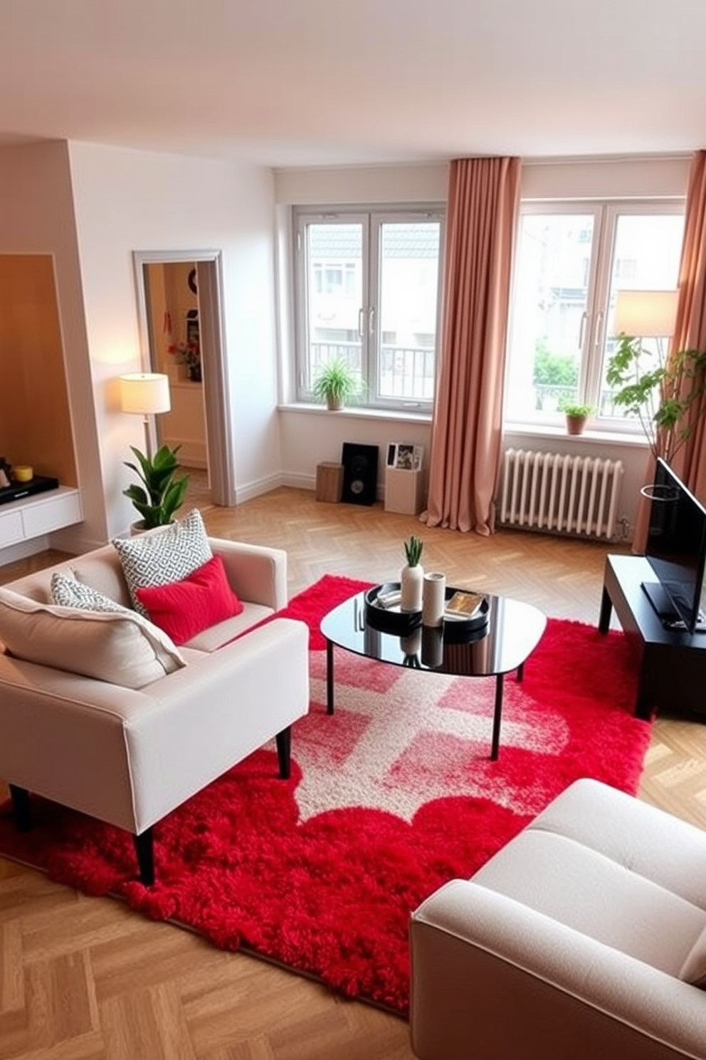 A vibrant living room featuring a rich red area rug that adds warmth to the space. The room includes a plush sofa with coordinating red and neutral throw pillows, complemented by stylish art pieces on the walls. A modern apartment design showcasing red accents throughout the space. The kitchen features red bar stools at a sleek island, while the dining area includes a striking red table setting that enhances the overall aesthetic.