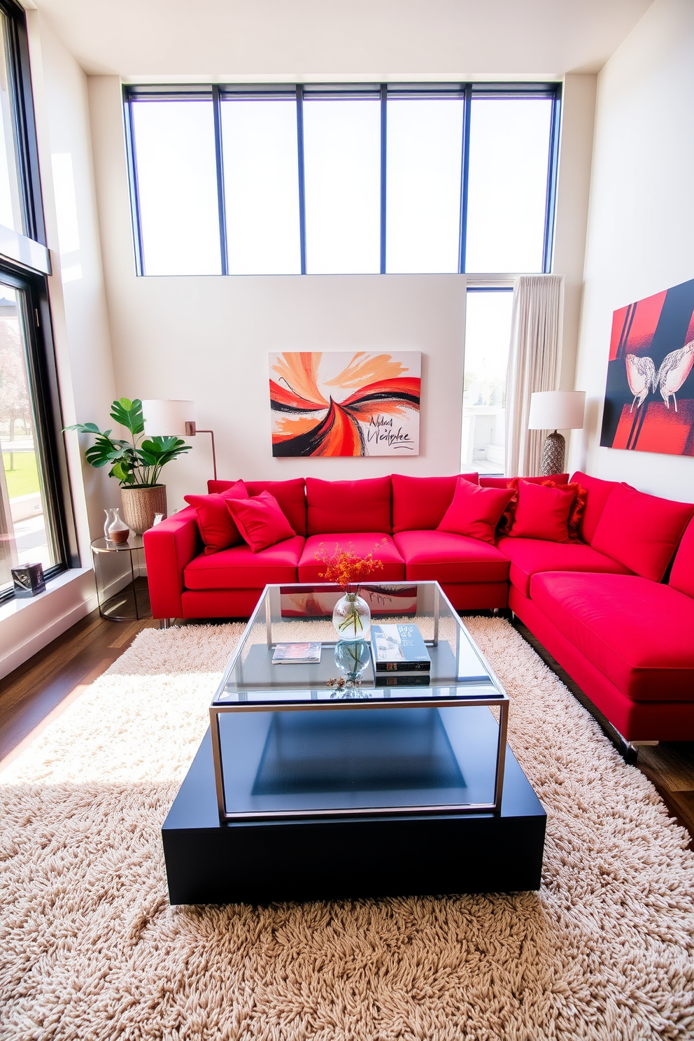 A contemporary living room featuring a bold red sofa as the centerpiece. The space is enhanced with red throw pillows that add vibrant color accents against neutral-toned walls and a plush area rug. The room includes a sleek coffee table made of glass and metal, positioned in front of the sofa. Large windows allow natural light to flood in, highlighting the modern artwork displayed on the walls.