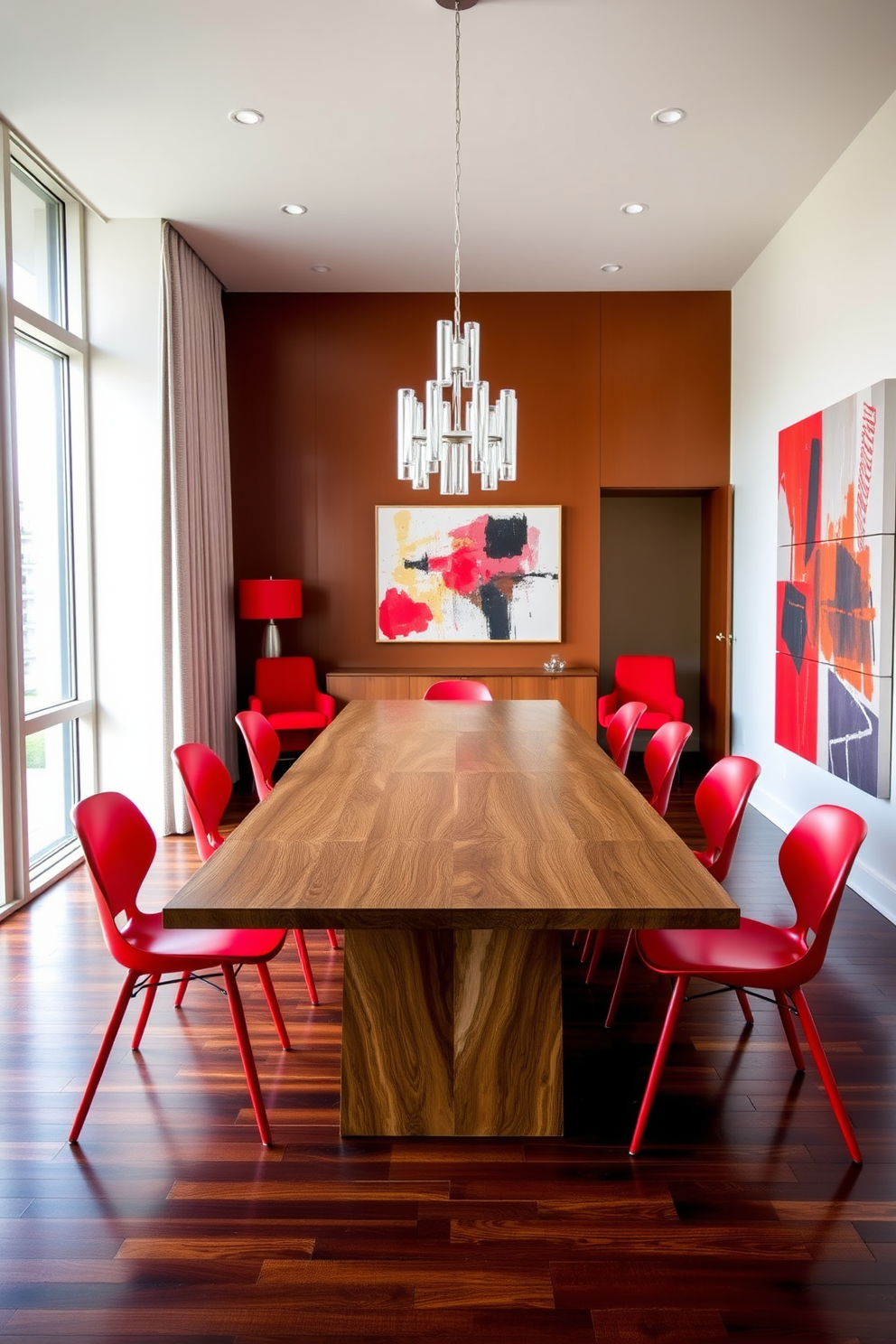 A stylish dining area featuring a sleek wooden table surrounded by vibrant red dining chairs. The walls are adorned with abstract art that complements the red accents, while large windows allow natural light to fill the space. The flooring is a rich hardwood, adding warmth to the modern design. A statement chandelier hangs above the table, creating an inviting atmosphere for gatherings.