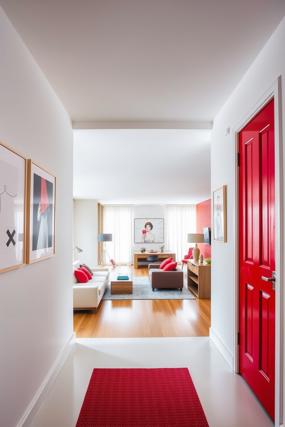 A striking entryway features a painted red door that immediately draws attention. The surrounding walls are adorned with minimalist art pieces, creating a vibrant contrast. The interior of the apartment showcases bold red accents throughout the space. Open-concept living areas seamlessly blend modern furniture with warm wooden elements.