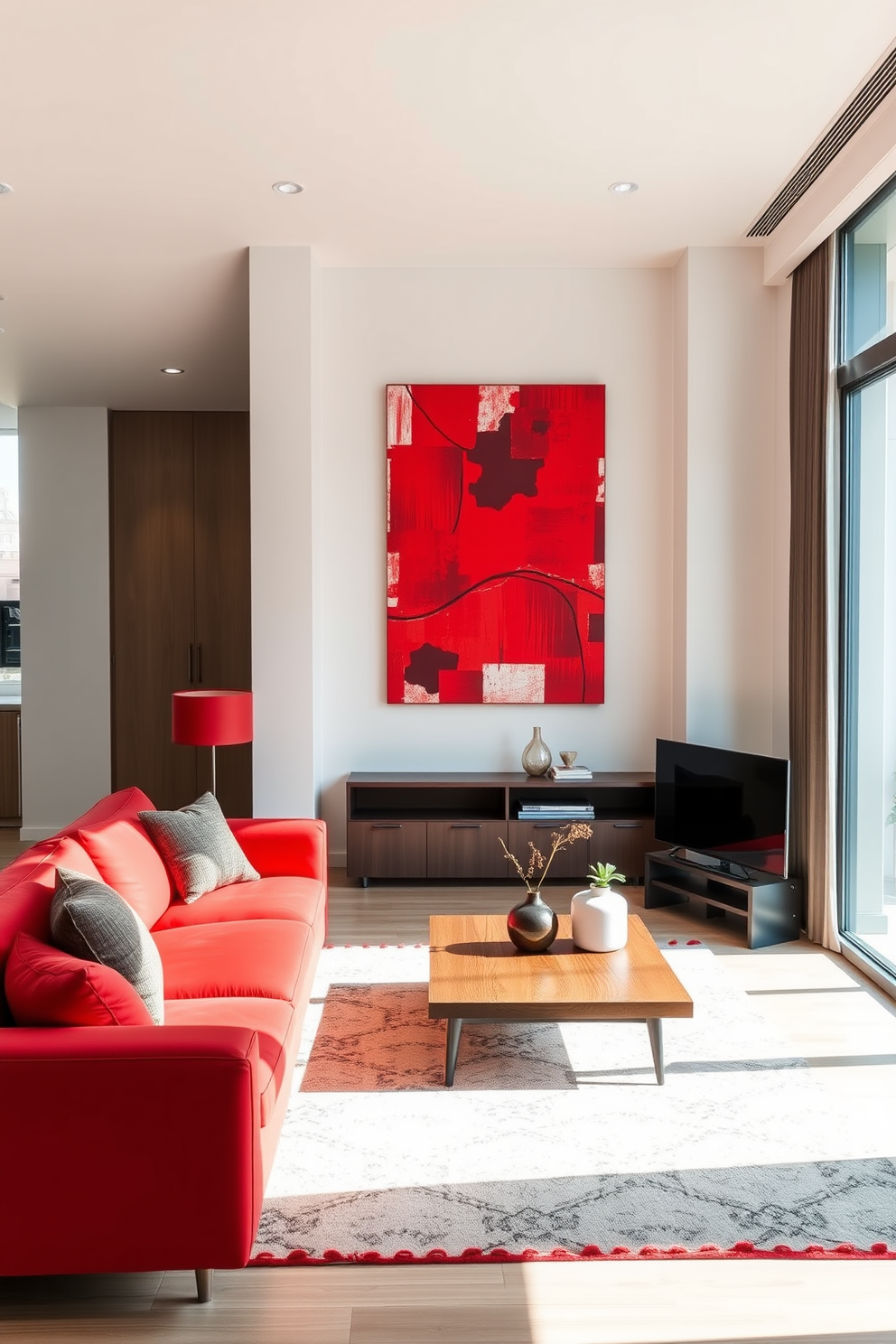 A modern apartment living room featuring a sleek red sofa as the focal point. The walls are adorned with abstract red artwork that adds a pop of color and visual interest to the space. In the corner, a stylish wooden coffee table complements the sofa, surrounded by minimalist decor. Large windows allow natural light to flood the room, enhancing the vibrant red accents throughout the design.