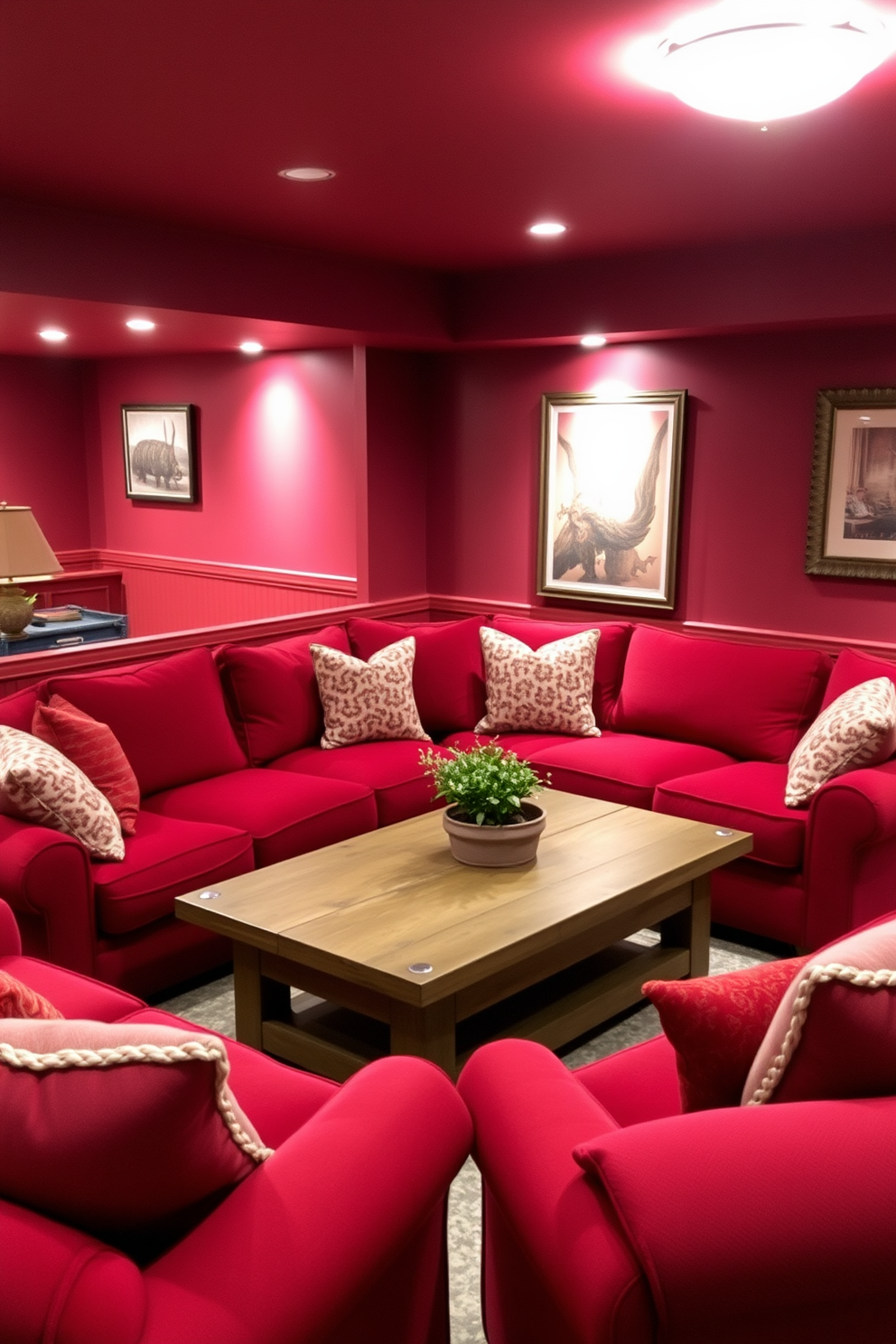 Cozy red sectional sofa arrangement. The sofa is positioned in a U-shape around a rustic wooden coffee table, with plush throw pillows adding comfort and warmth. Red basement design ideas. The walls are painted a deep burgundy, complemented by soft ambient lighting, creating an inviting atmosphere for relaxation and entertainment.