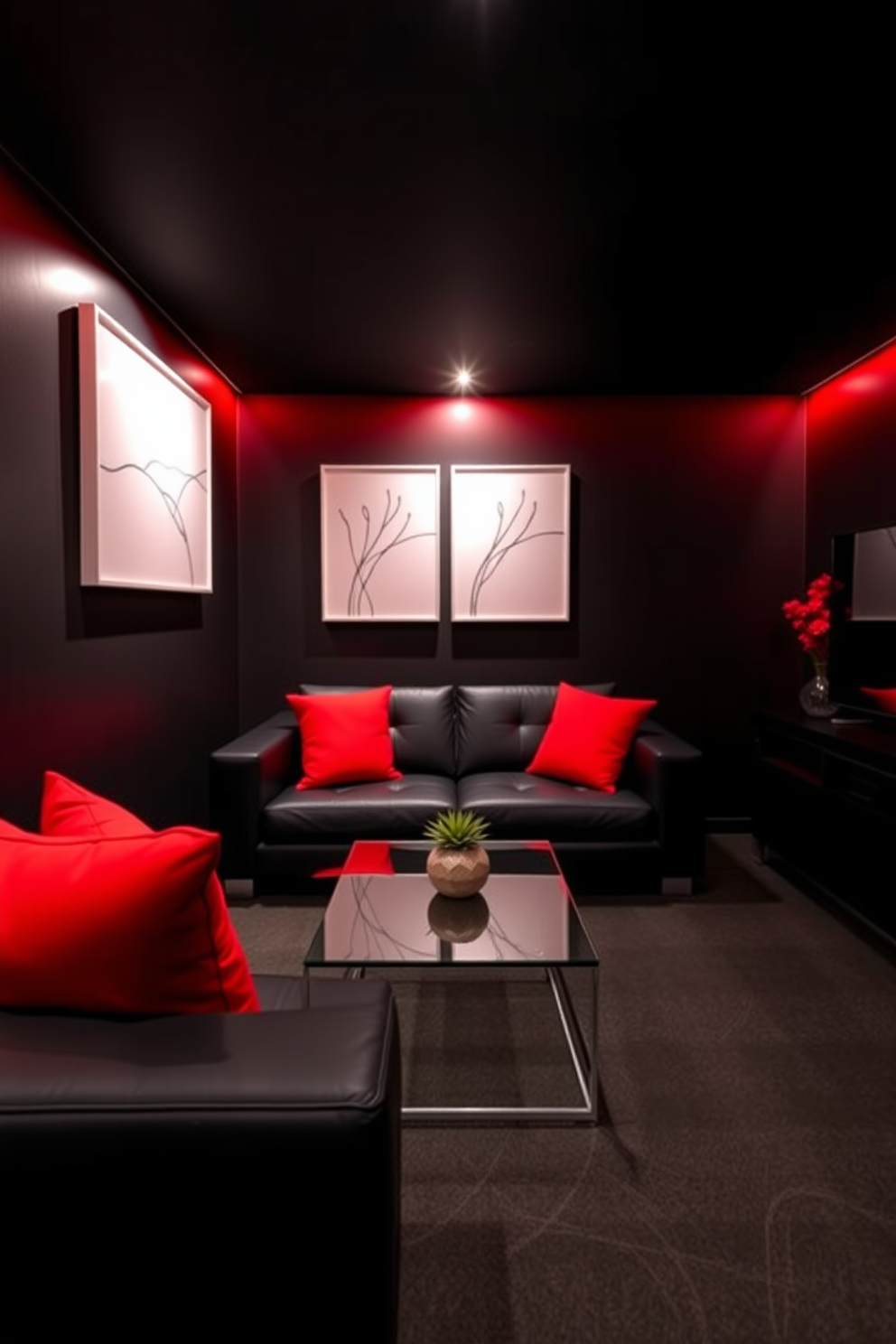 A striking red and black minimalist basement design featuring sleek furniture with clean lines. The walls are painted a deep black, complemented by bold red accents in the decor and furnishings. The space includes a low-profile black sofa adorned with red cushions and a glass coffee table. Ambient lighting highlights the minimalist art pieces that enhance the modern aesthetic of the room.