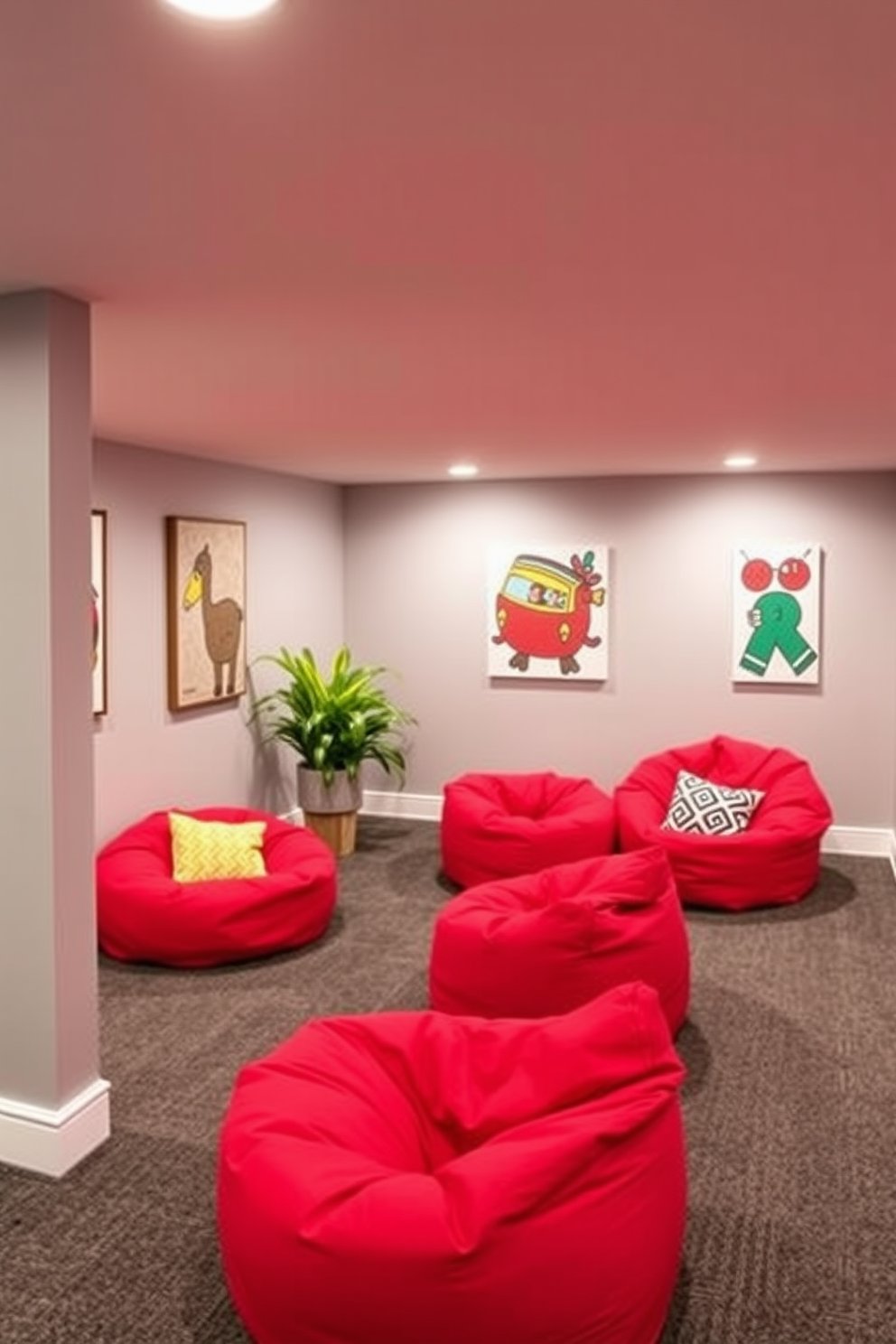 A cozy basement space featuring vintage red furniture pieces that create a warm and inviting atmosphere. The walls are painted in a soft beige tone, complementing the rich red hues of the furniture. In the center, a plush red sofa is paired with a vintage wooden coffee table, adorned with a stack of books and a decorative bowl. Soft lighting from stylish floor lamps enhances the charm of the space, while a patterned area rug ties the room together.