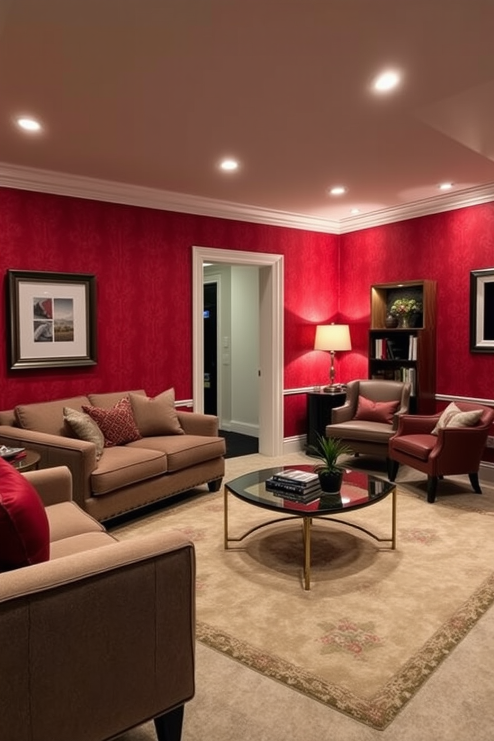 Bright red throw pillows are scattered across a plush gray sectional sofa, adding a vibrant pop of color to the cozy basement space. The walls are painted in a deep navy blue, creating a striking contrast that enhances the modern aesthetic. A sleek bar area is positioned against one wall, featuring dark wood cabinetry and a polished concrete countertop. Soft lighting fixtures hang above, casting a warm glow that invites relaxation and entertainment in this stylish basement retreat.