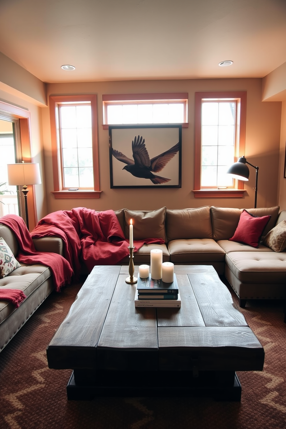 A cozy basement retreat featuring layered red blankets draped over a plush sectional sofa. The walls are painted in a warm neutral tone, and large windows allow natural light to brighten the space. Incorporate a rustic wooden coffee table at the center, adorned with candles and a stack of books. Soft ambient lighting from stylish floor lamps enhances the inviting atmosphere.