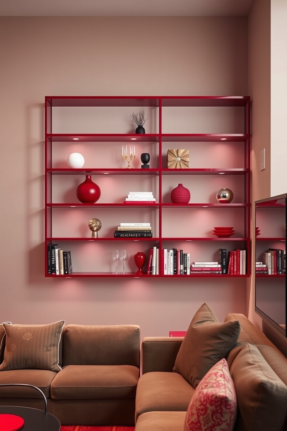 Stylish red shelving for display space. The shelves are sleek and modern, showcasing a mix of decorative items and books against a neutral wall. Red Basement Design Ideas. The basement features a cozy lounge area with plush seating and ambient lighting, complemented by vibrant red accents throughout the decor.