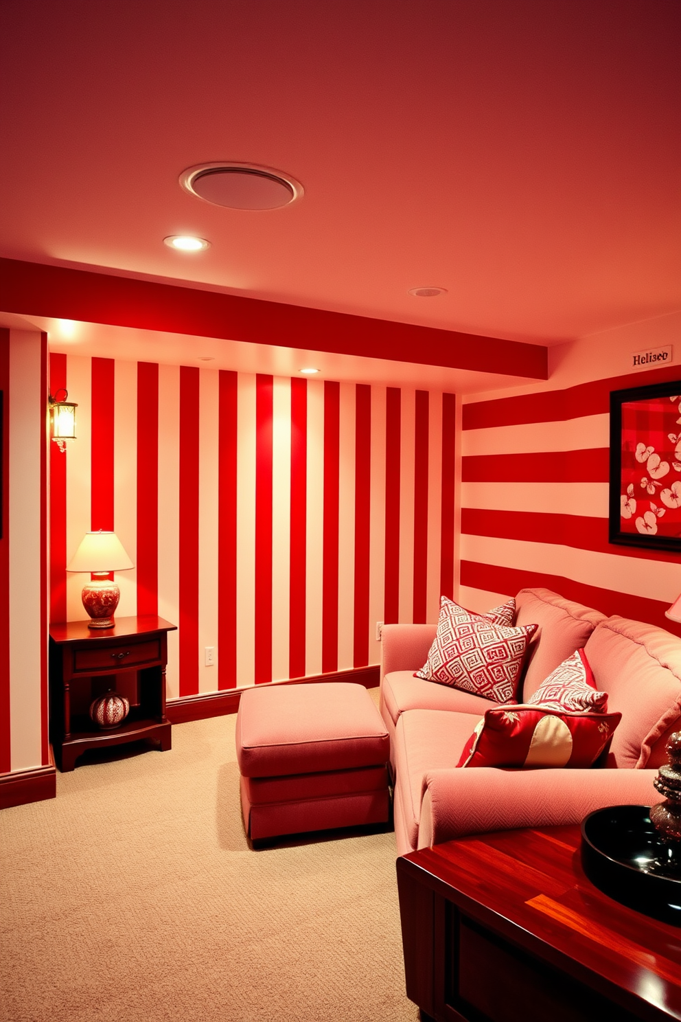 A vibrant red and white striped wallpaper adorns the walls, creating a bold and energetic atmosphere. The stripes alternate in width, giving the room a playful yet sophisticated look. The basement is designed as a cozy retreat with plush seating and warm lighting. Rich wood accents complement the red and white theme, creating an inviting space perfect for relaxation and entertainment.