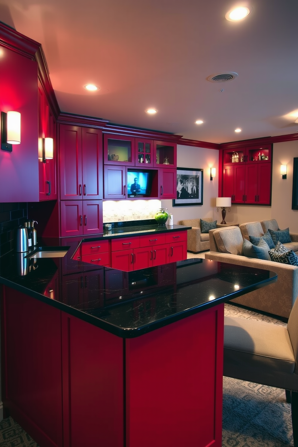 A stylish wet bar area featuring sleek red cabinetry that provides ample storage and a modern aesthetic. The countertop is made of polished black granite, complementing the vibrant cabinetry and enhancing the overall sophistication of the space. The basement design incorporates cozy seating arrangements with plush sofas and accent chairs, creating an inviting atmosphere for entertainment. Warm lighting fixtures are strategically placed to highlight the red cabinetry and add a touch of elegance to the basement retreat.