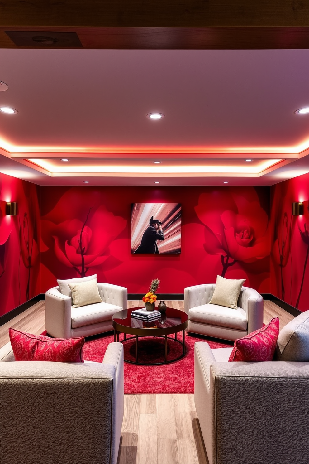 Artistic red murals create a bold focal point in the basement, enhancing the overall aesthetic and adding warmth to the space. The design incorporates sleek furniture pieces that complement the vibrant wall art, creating a harmonious balance between color and form. For the basement design, consider a cozy lounge area with plush seating and ambient lighting. Incorporate natural wood elements to soften the look and create a welcoming atmosphere.