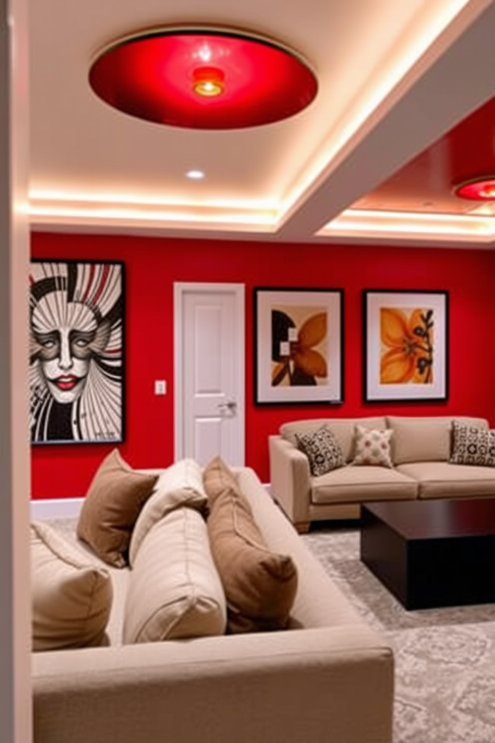 A bold red accent wall serves as the focal point of the room, adorned with striking contemporary artwork that enhances the vibrant atmosphere. The basement features a cozy seating area with plush furniture, complemented by warm lighting that creates an inviting ambiance.