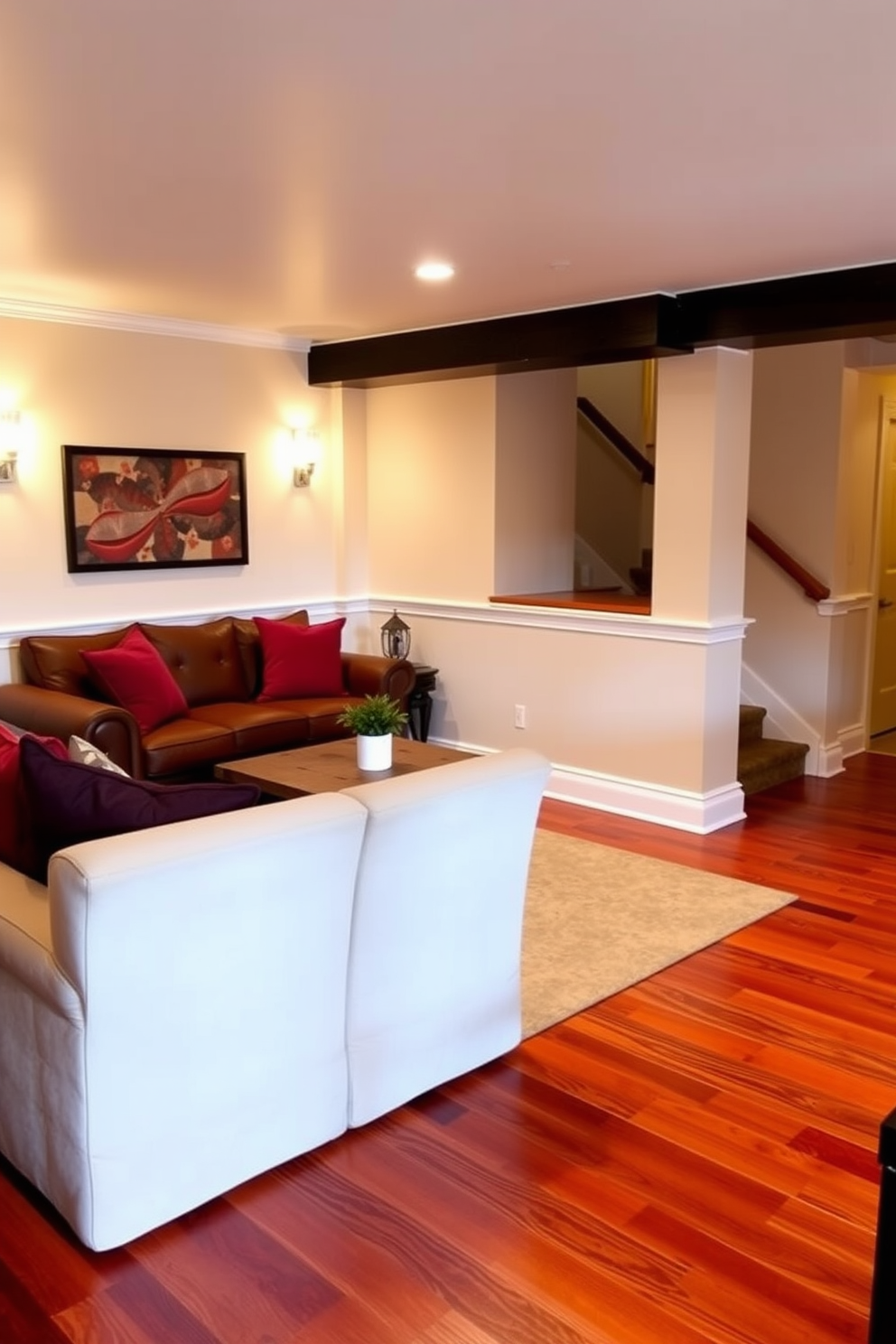 A cozy basement retreat featuring warm red-toned hardwood flooring that adds richness and warmth to the space. The walls are painted in a soft cream color, creating a beautiful contrast that enhances the inviting atmosphere. The design includes plush seating arrangements with deep red and burgundy cushions, complemented by a rustic wooden coffee table. Ambient lighting fixtures are strategically placed to highlight the warmth of the flooring and create a relaxing environment.