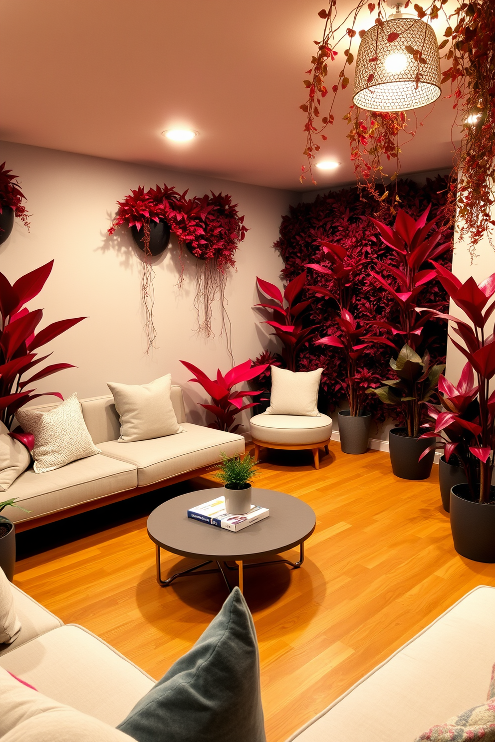 A cozy lounge area featuring vibrant red bean bags arranged around a low wooden coffee table. The space is illuminated by soft pendant lights, creating a warm and inviting atmosphere. An innovative basement design with a modern aesthetic, showcasing a sleek bar area with high stools. The walls are adorned with contemporary art, and the flooring is a polished concrete that adds to the industrial feel.