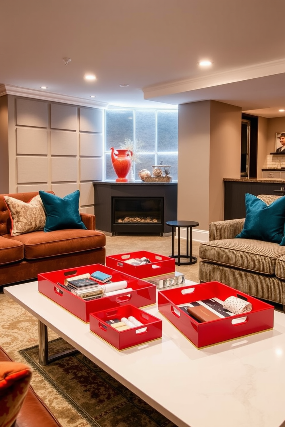 A stylish basement space featuring red decorative trays used for organizing various items. The trays are placed on a sleek, modern coffee table, adding a pop of color to the neutral-toned decor. The basement is designed with comfortable seating in rich fabrics and warm lighting to create a cozy atmosphere. A feature wall with textured panels complements the overall aesthetic, making it a perfect retreat.