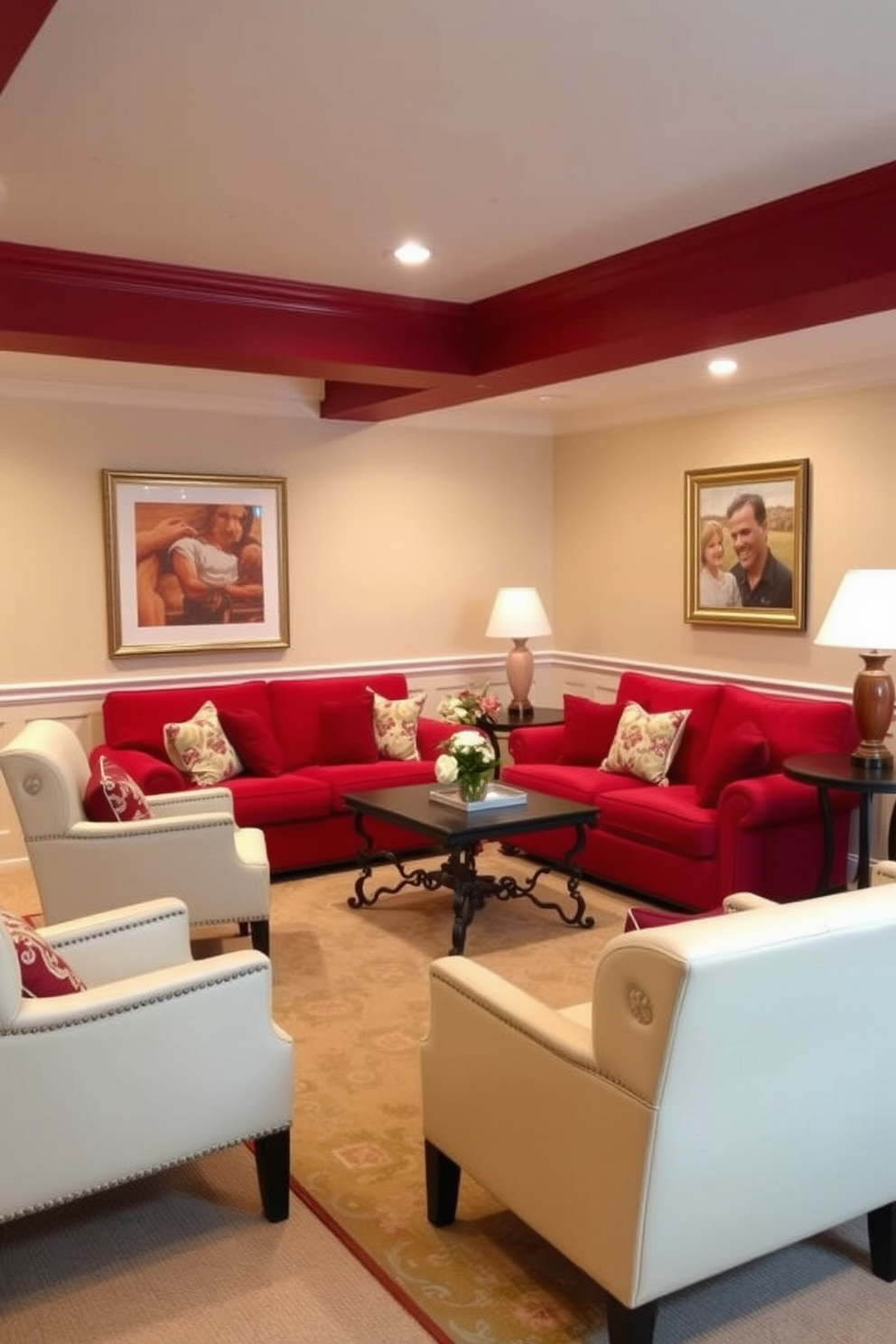 A striking basement space featuring red ceiling beams that add architectural interest. The walls are painted in a soft gray, and the floor is finished with polished concrete for a modern touch. Cozy seating areas are arranged with plush sofas and accent chairs, complemented by a stylish coffee table. Ambient lighting fixtures hang from the ceiling, creating a warm and inviting atmosphere.