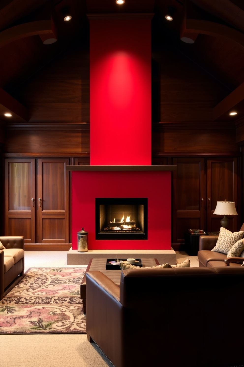 A striking red fireplace serves as the focal point in the room, drawing attention and creating a warm ambiance. The surrounding walls are adorned with rich wood paneling, complementing the vibrant color of the fireplace. The basement features an open layout with cozy seating arrangements, perfect for gatherings. Soft lighting and plush rugs enhance the inviting atmosphere, making it a perfect retreat.