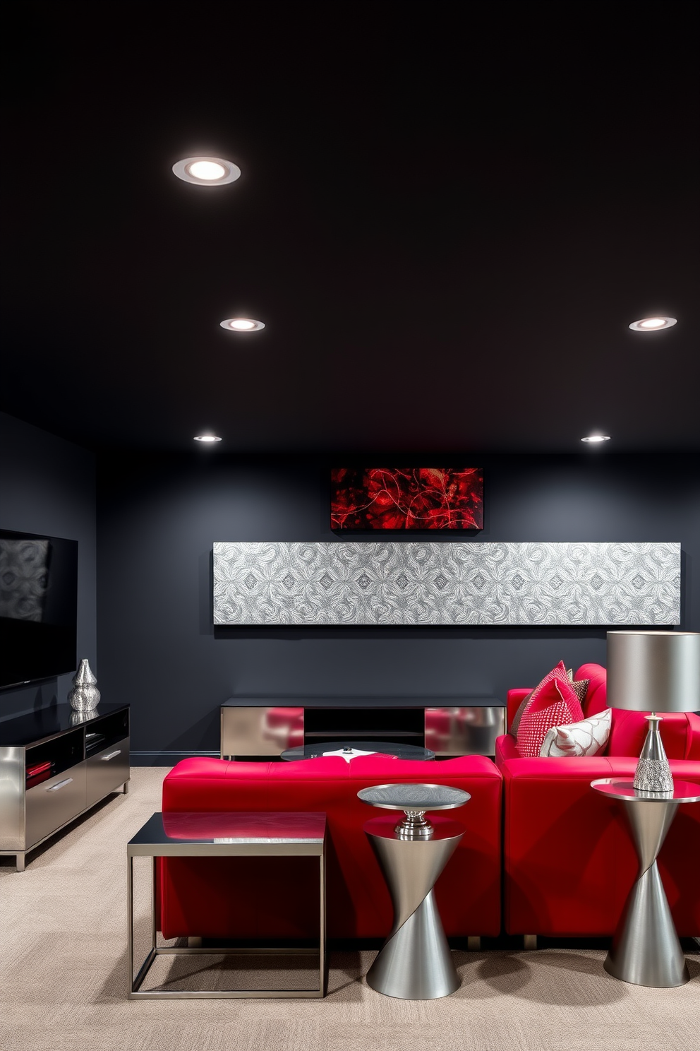 A spacious basement designed with a modern aesthetic. The walls are painted in a soft gray, and the flooring features large light-colored tiles that enhance the sense of openness. Red framed mirrors are strategically placed to reflect light and create an illusion of a larger space. Cozy seating areas with plush sofas and vibrant throw pillows invite relaxation and social gatherings.